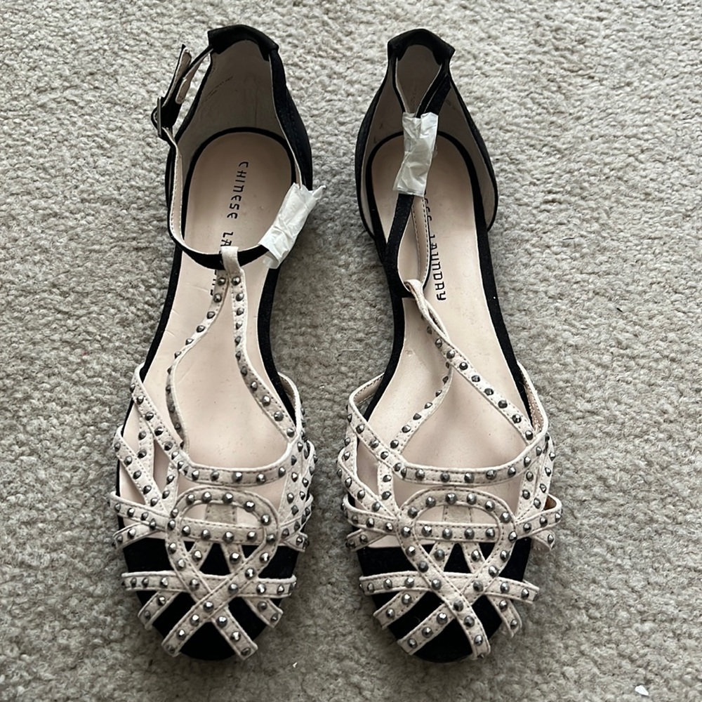 NEVER BEEN WORN!!!! Chinese Launday sandals. Black & Tan with buckle on the side